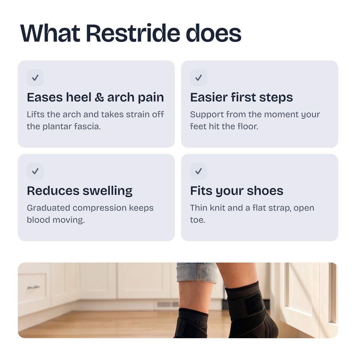What Restride does: eases heel and arch pain, easier first steps, reduces swelling, fits your shoes