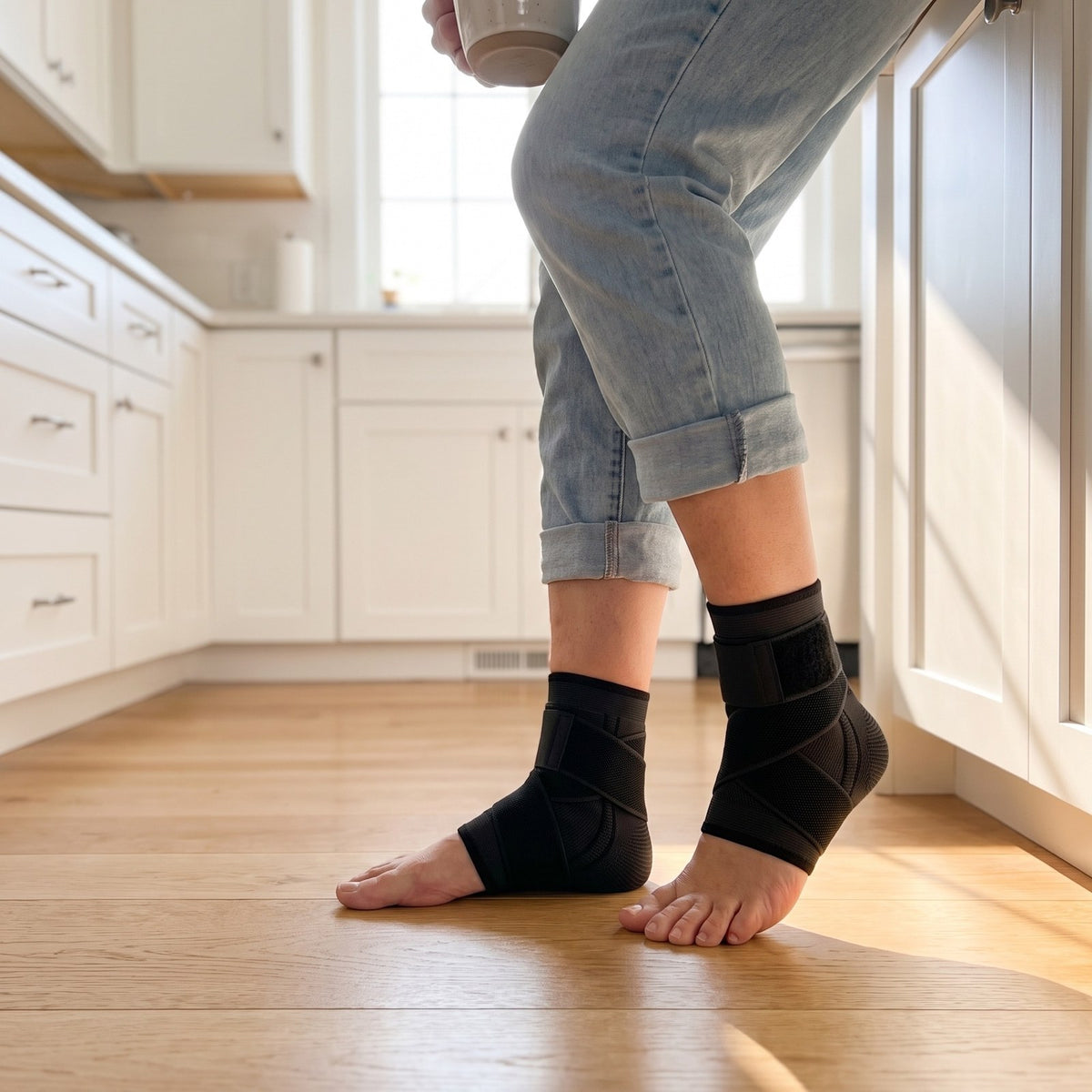 Woman standing in her kitchen wearing a pair of Restride sleeves