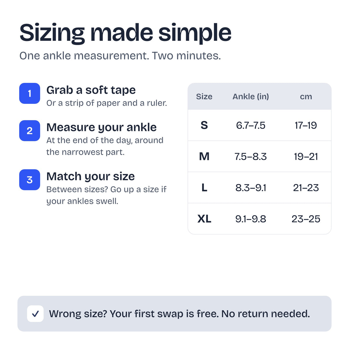 Sizing made simple: measure your ankle and match the chart