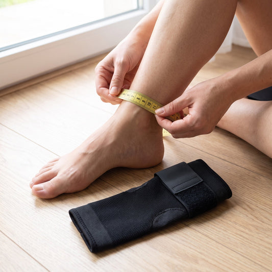 Measuring the ankle with a soft tape next to a black Restride sleeve