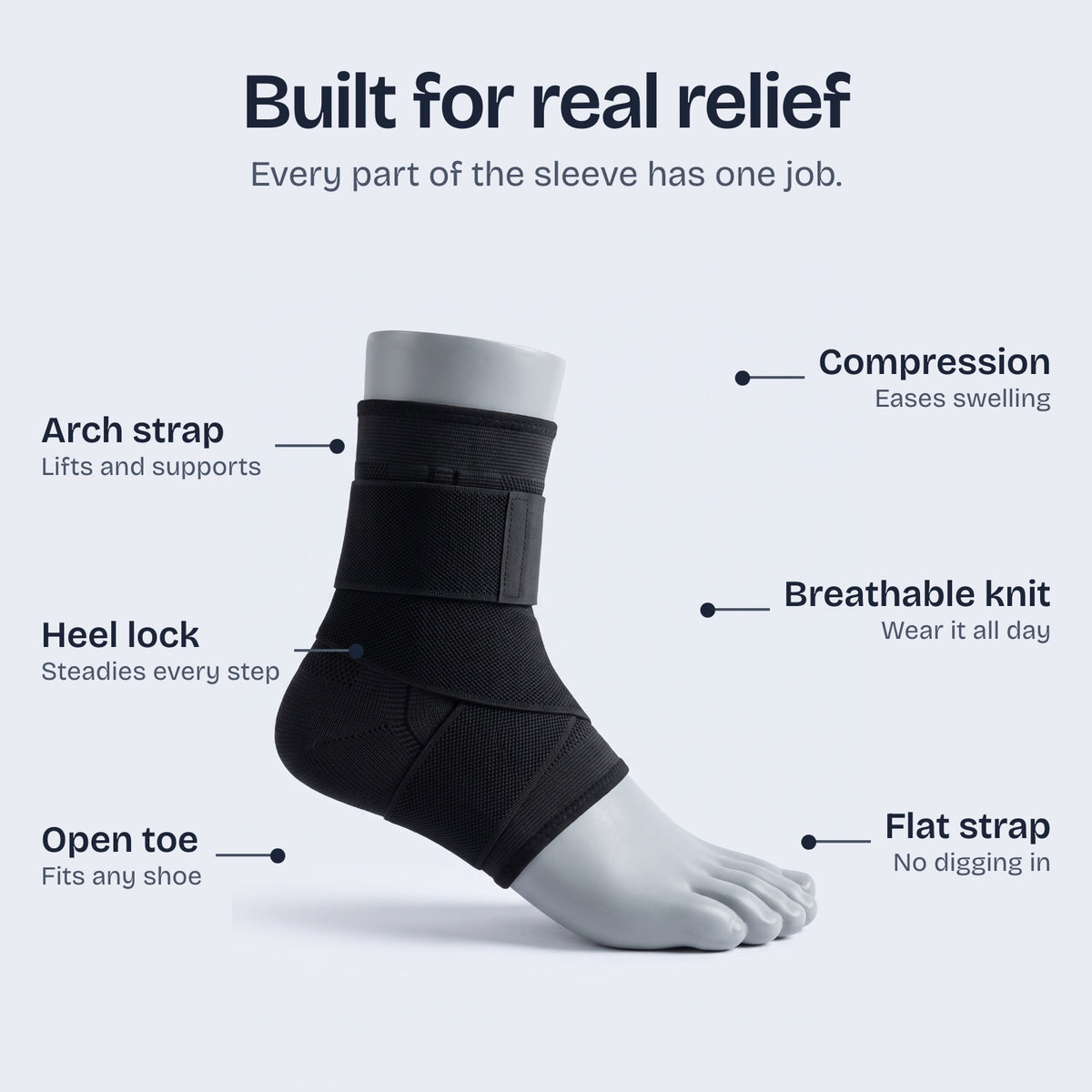 Restride sleeve features: arch strap, heel lock, open toe, compression, breathable knit, flat strap