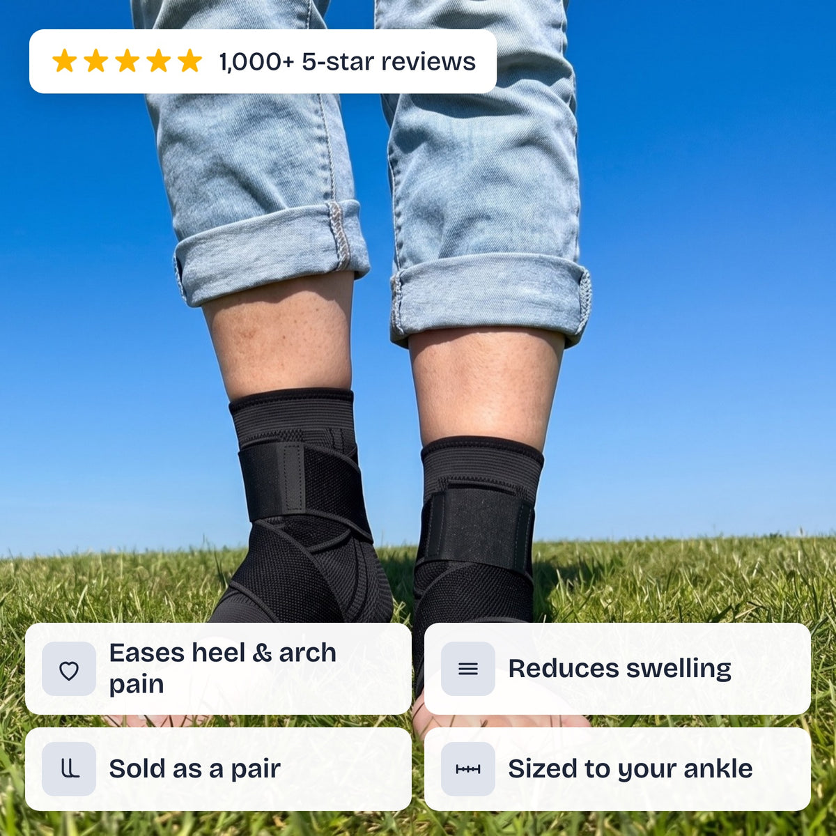 Restride all-black ankle sleeves on a grassy hill: eases heel and arch pain, reduces swelling, sold as a pair, sized to your ankle