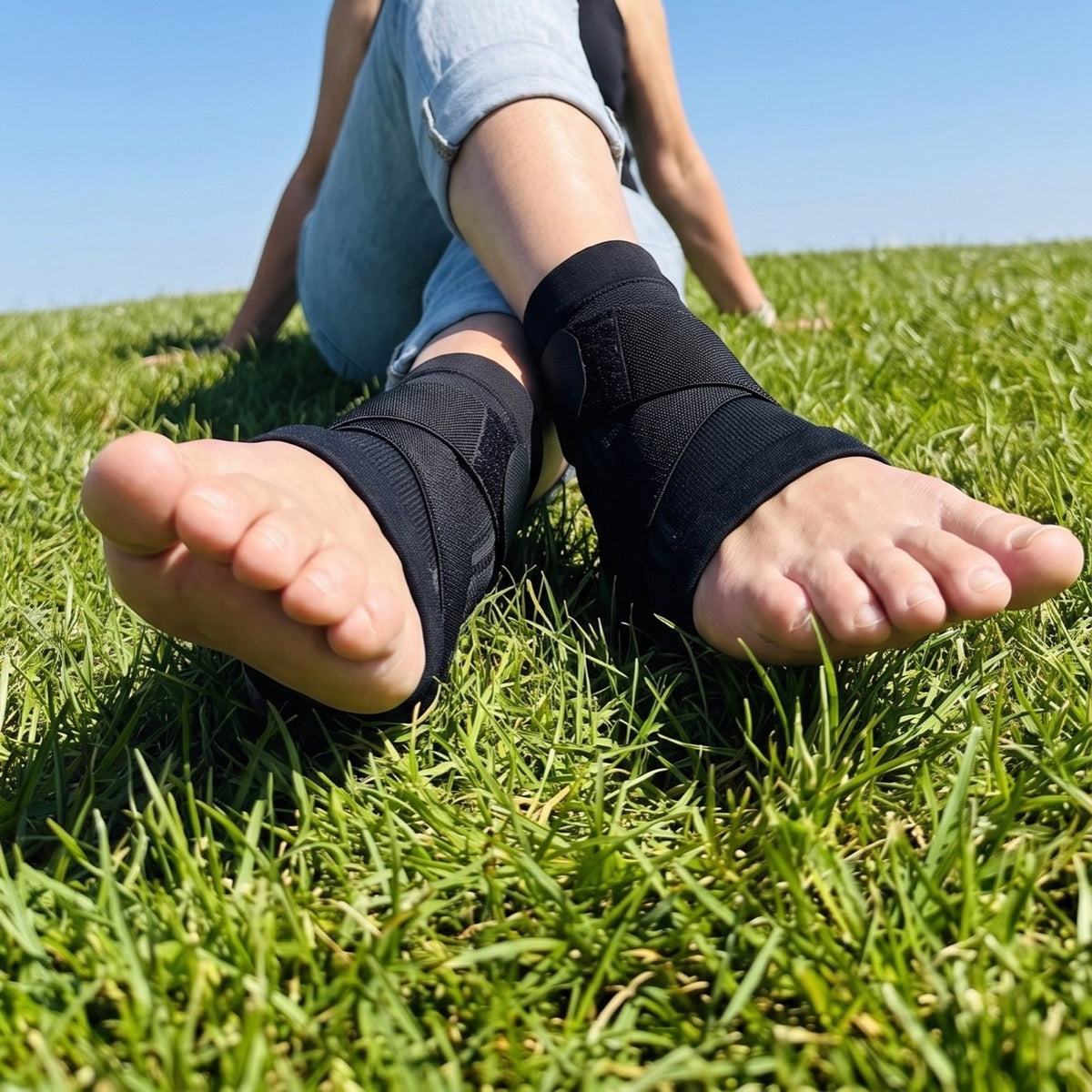 Feet resting on grass wearing a pair of black Restride sleeves