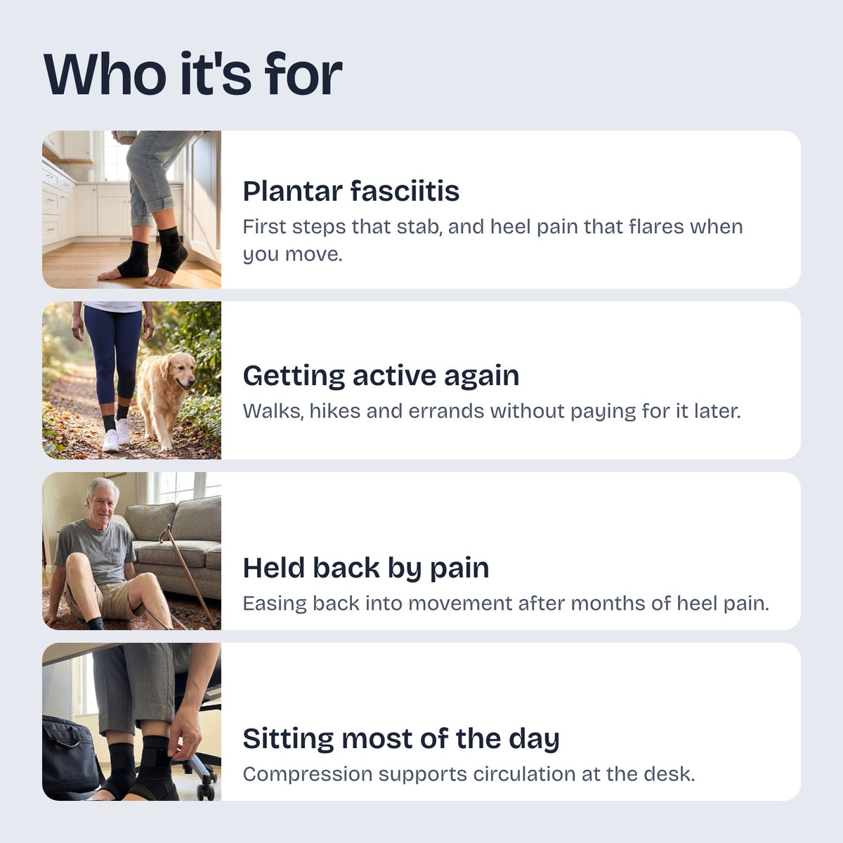 Who Restride is for: plantar fasciitis, getting active again, held back by heel pain, sitting most of the day